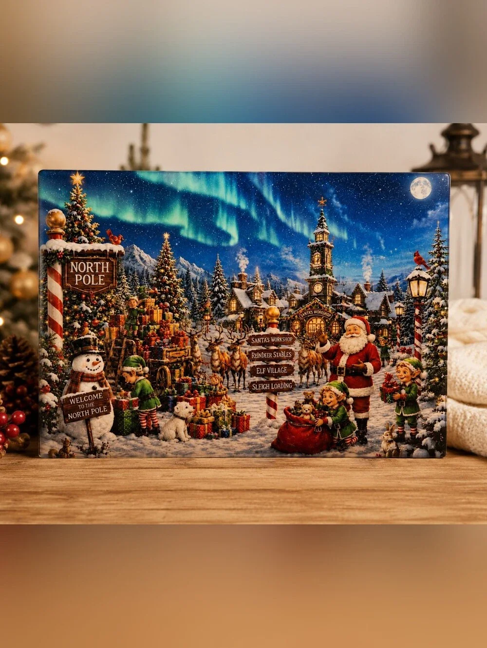 Festive Santa's Workshop Holiday Cutting Board - Colorful Christmas Scene